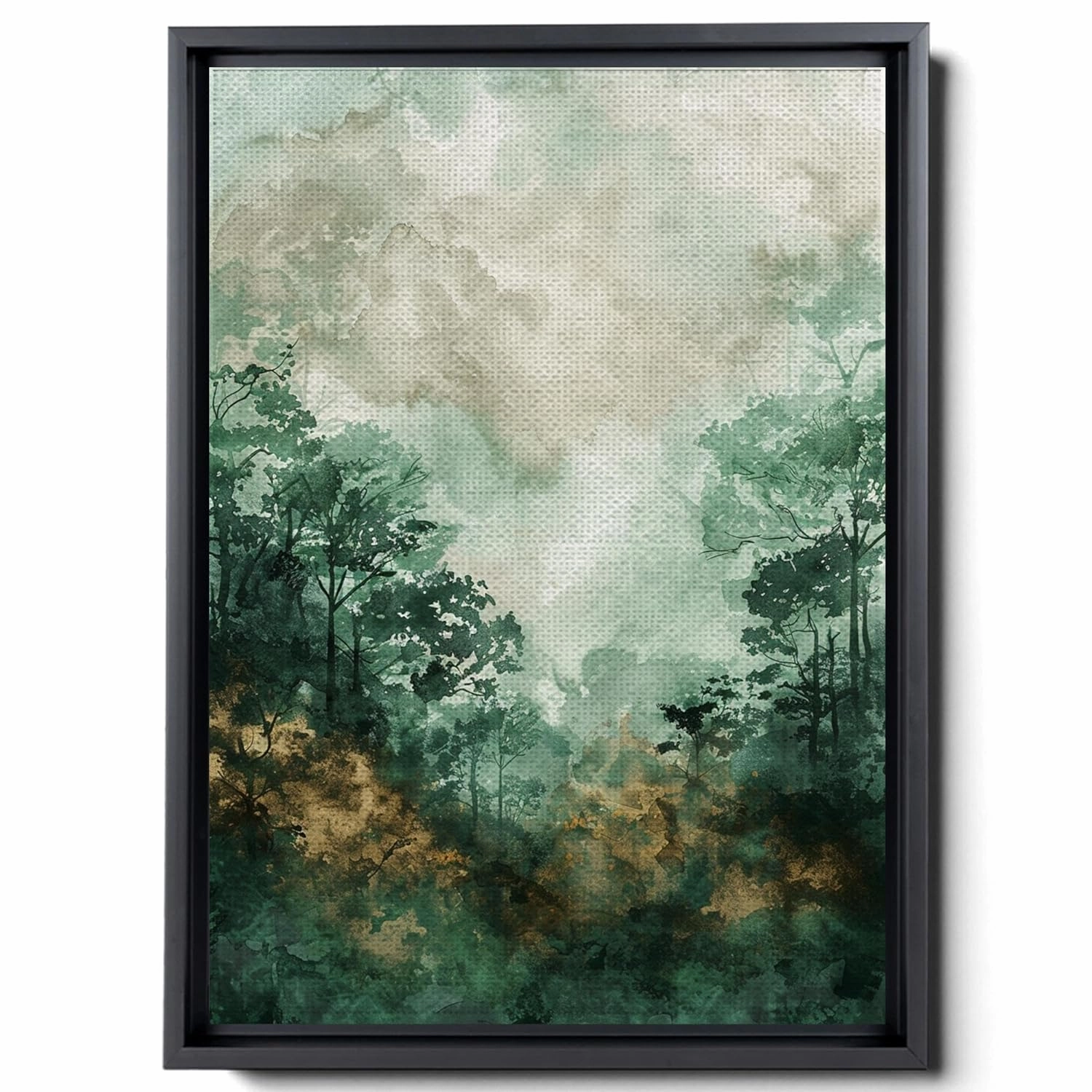 Watercolor Drawing Of Forest, In The Style Of Dark Emerald And Light Brown Art Techniques, Warm Color Palettes, Spectacular Backdrops, Light Green And Dark Gray, Canvas Prints