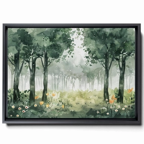 Watercolor Forest Illustration With Trees And Flowers, In The Style Of Light Emerald And Light Brown, Villagecore, Loose Paint Application, Decor Canvas