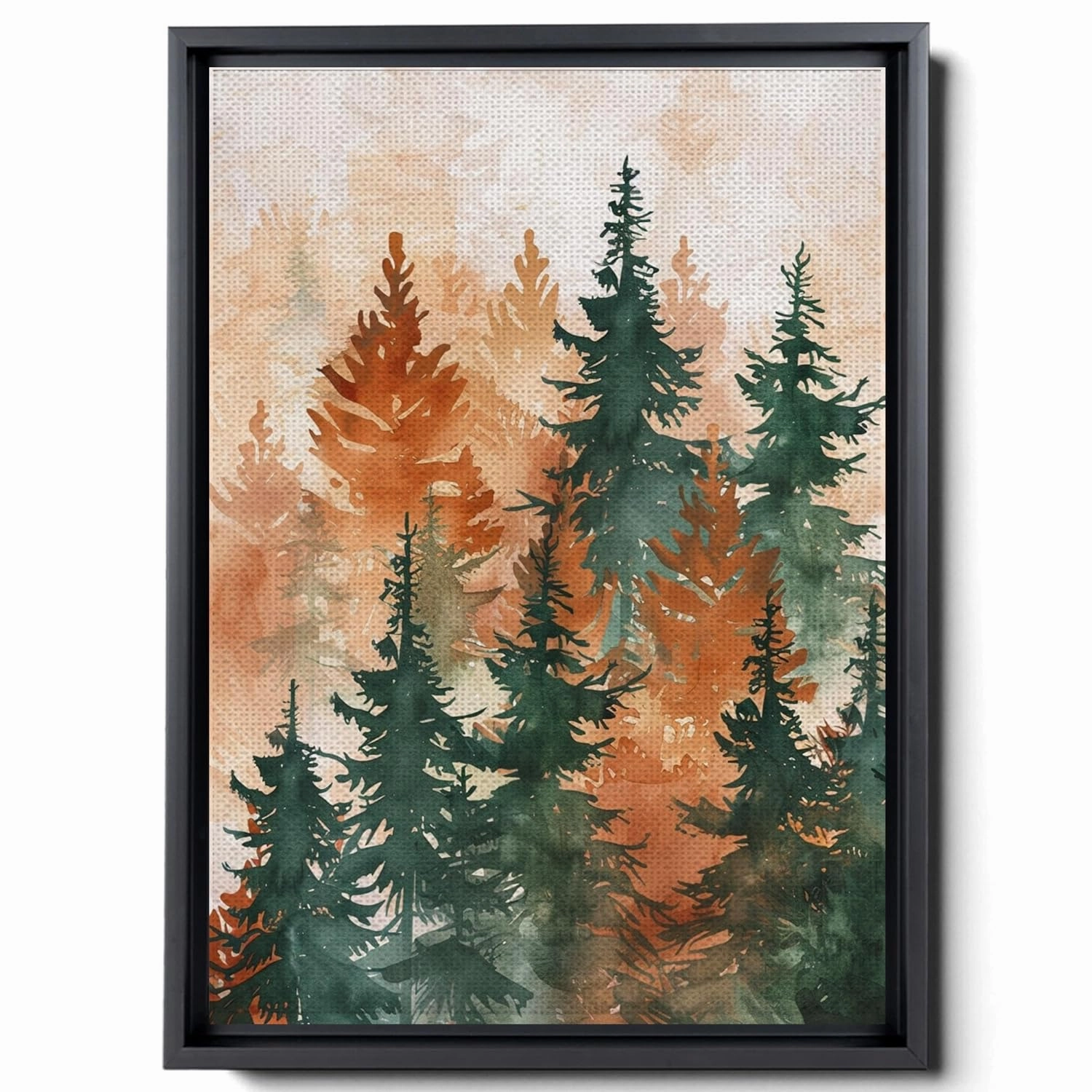 Watercolor Forest Trees Illustration, In The Style Of Use Of Earth Tones, Dark Emerald And Light Brown, Recycled Material Murals, Color Gradients, Canvas Prints