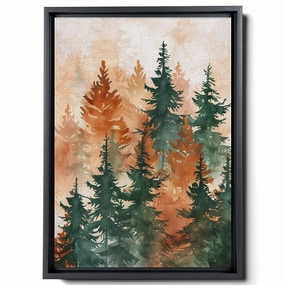 Watercolor Forest Trees Illustration, In The Style Of Use Of Earth Tones, Dark Emerald And Light Brown, Recycled Material Murals, Color Gradients, Canvas Prints