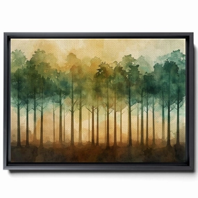 Watercolor Forest Trees Illustration, In The Style Of Use Of Earth Tones, Dark Emerald And Light Brown, Recycled Material Murals, Color Gradients, Decor Canvas