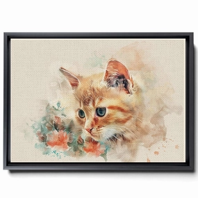 Watercolor Of A Kitten And Flowers, In The Style Of Animals And People, Light Beige And Light Amber,Light Emerald And Light Amber,Pictorial, Colorful Animations, Canvas