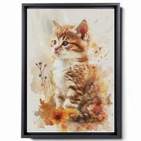 Watercolor Of A Kitten And Flowers, In The Style Of Animals And People, Light Beige And Light Amber,Light Emerald And Light Amber,Pictorial, Colorful Animations, Decor Canvas