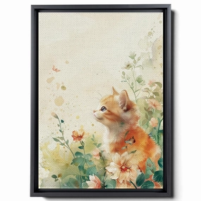 Watercolor Of A Kitten And Flowers, In The Style Of Animals And People, Light Beige And Light Amber,Light Emerald And Light Amber,Pictorial, Colorful Animations, Decor Canvas