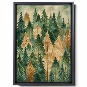 Watercolor Tree Forest, In The Style Of Light Emerald And Light Brown, Organic Material, Cute And Dreamy, Symmetrical Arrangements, Outdoor Scenes, Decor Canvas