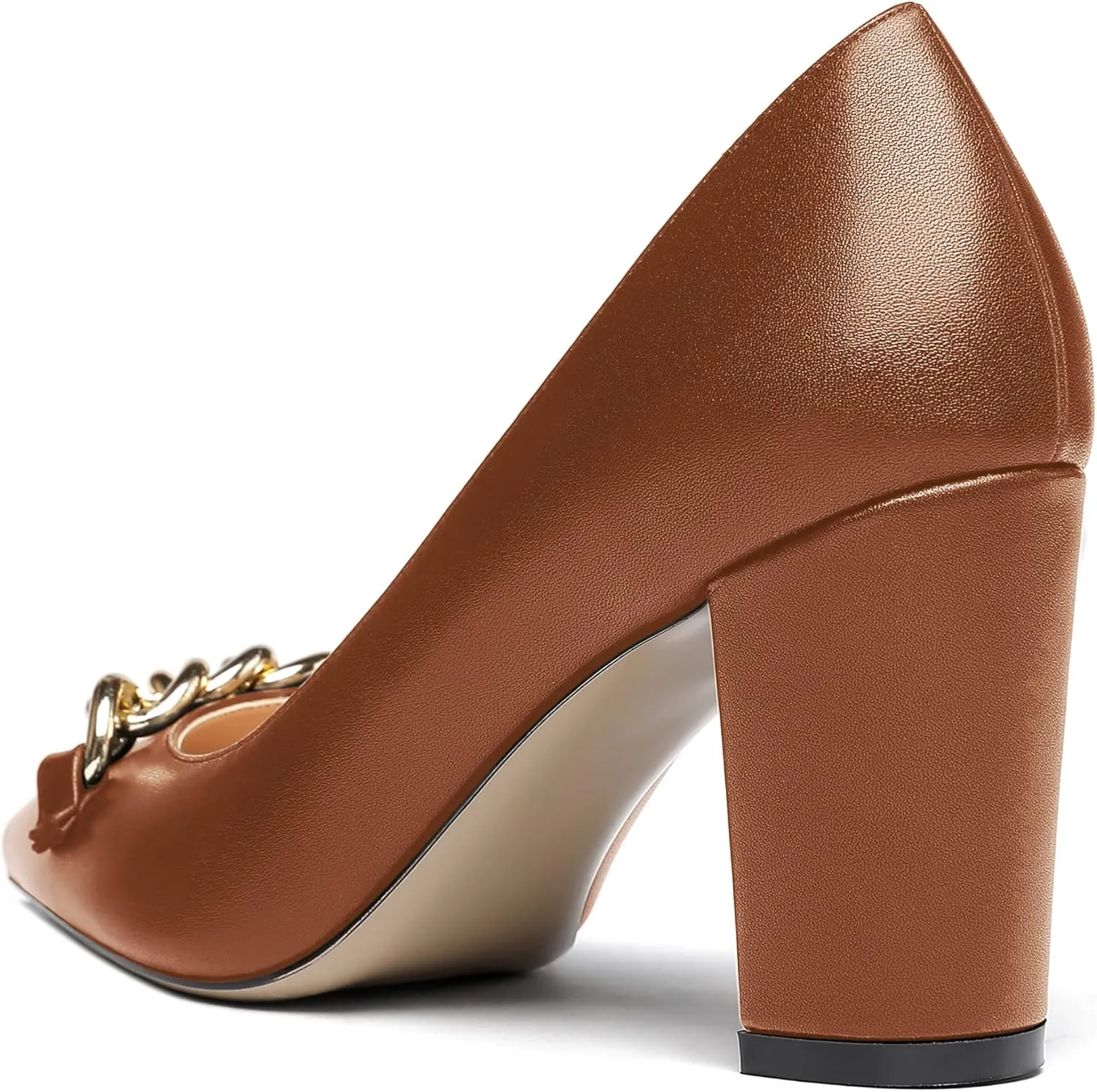 WAYDERNS Women's Gold Metal Chain Matte Slip On Pointed Toe Block High Heel Pumps Shoes 3.5 Inch