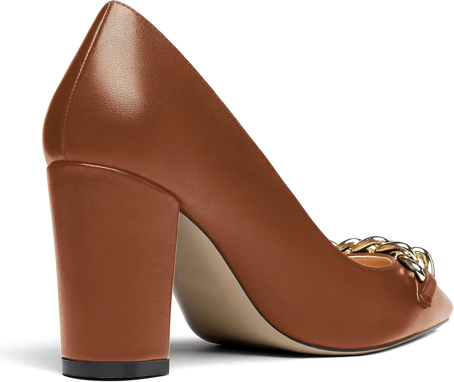 WAYDERNS Women's Gold Metal Chain Matte Slip On Pointed Toe Block High Heel Pumps Shoes 3.5 Inch