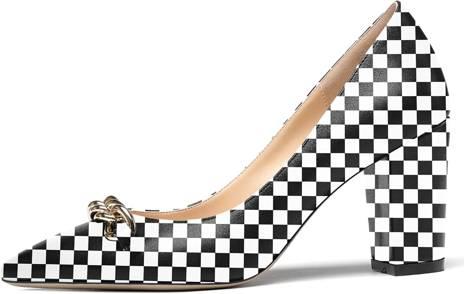 WAYDERNS Women's Gold Metal Chain Matte Slip On Pointed Toe Block High Heel Pumps Shoes 3.5 Inch