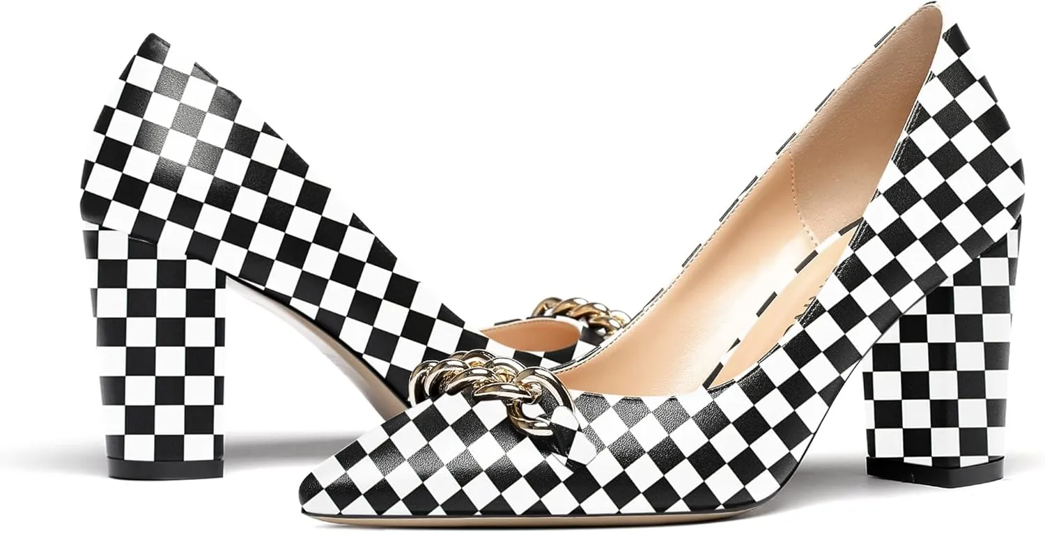 WAYDERNS Women's Gold Metal Chain Matte Slip On Pointed Toe Block High Heel Pumps Shoes 3.5 Inch