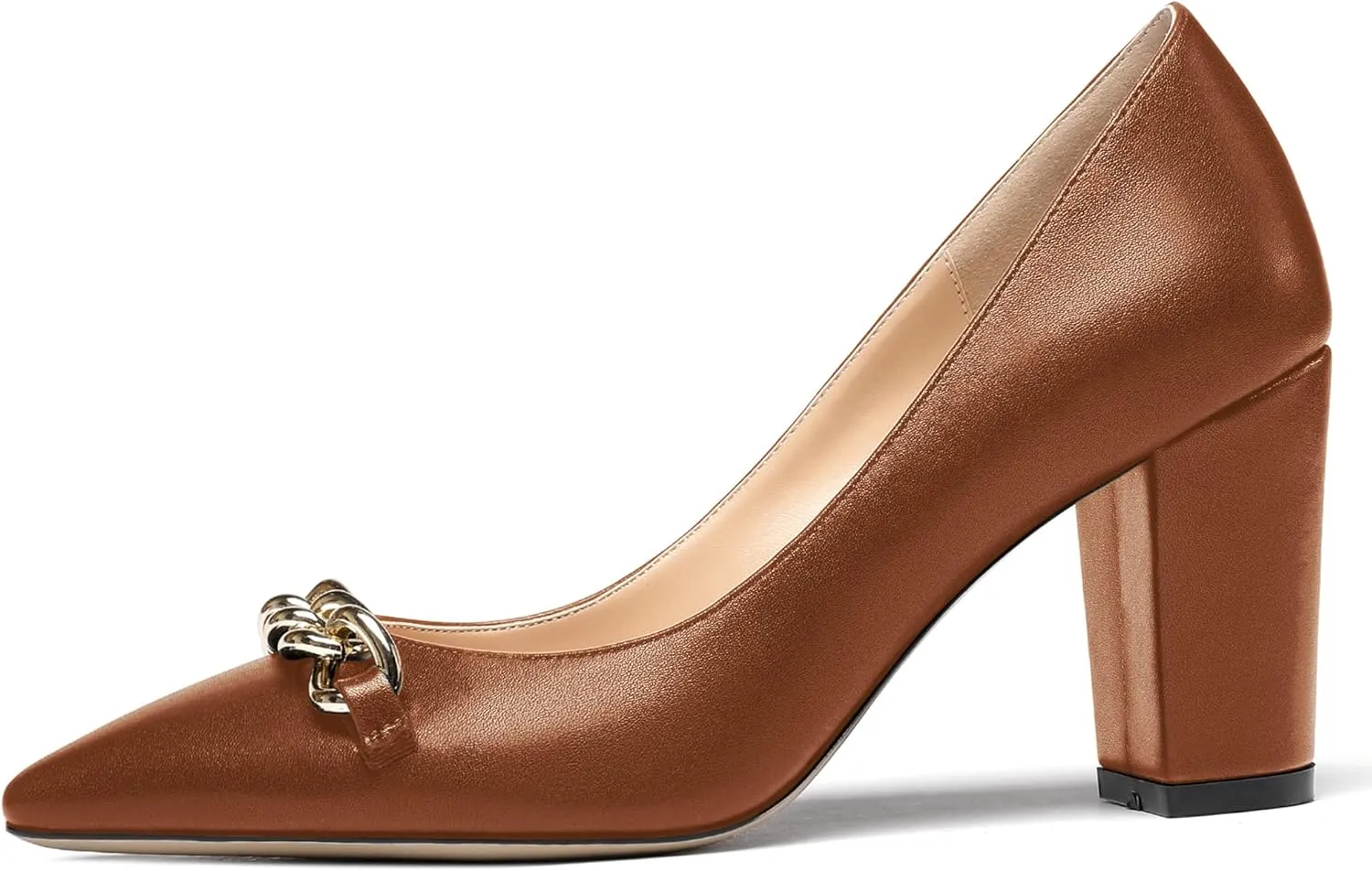 WAYDERNS Women's Gold Metal Chain Matte Slip On Pointed Toe Block High Heel Pumps Shoes 3.5 Inch