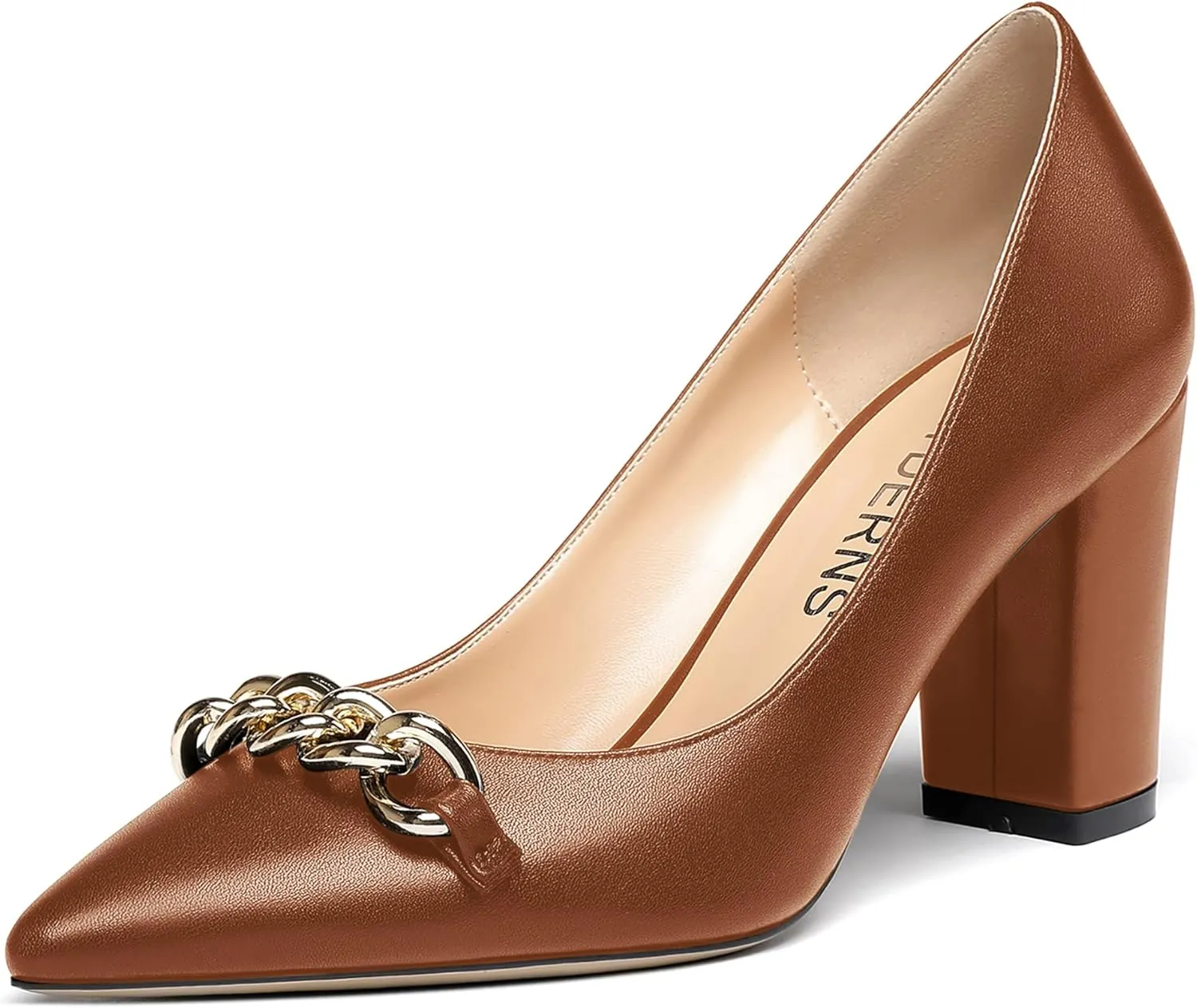 WAYDERNS Women's Gold Metal Chain Matte Slip On Pointed Toe Block High Heel Pumps Shoes 3.5 Inch