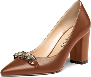 WAYDERNS Women's Gold Metal Chain Matte Slip On Pointed Toe Block High Heel Pumps Shoes 3.5 Inch