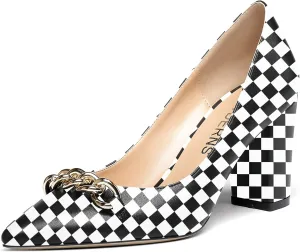 WAYDERNS Women's Gold Metal Chain Matte Slip On Pointed Toe Block High Heel Pumps Shoes 3.5 Inch