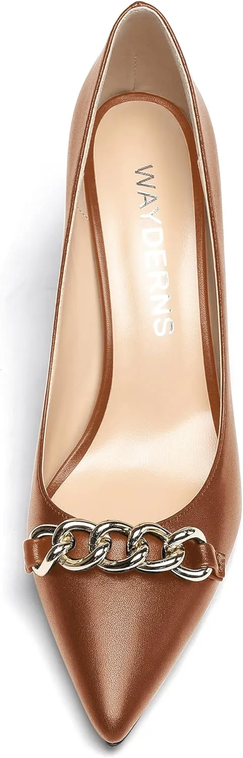 WAYDERNS Women's Gold Metal Chain Matte Slip On Pointed Toe Block High Heel Pumps Shoes 3.5 Inch