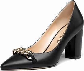 WAYDERNS Women's Gold Metal Chain Matte Slip On Pointed Toe Block High Heel Pumps Shoes 3.5 Inch