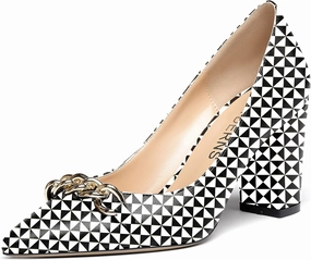 WAYDERNS Women's Gold Metal Chain Matte Slip On Pointed Toe Block High Heel Pumps Shoes 3.5 Inch
