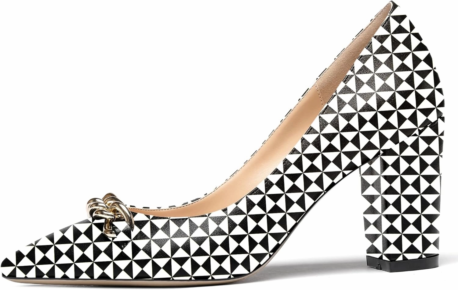 WAYDERNS Women's Gold Metal Chain Matte Slip On Pointed Toe Block High Heel Pumps Shoes 3.5 Inch