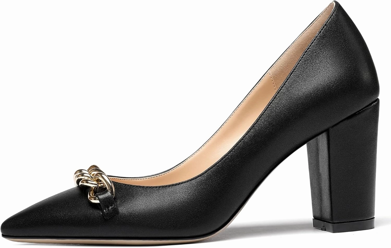 WAYDERNS Women's Gold Metal Chain Matte Slip On Pointed Toe Block High Heel Pumps Shoes 3.5 Inch