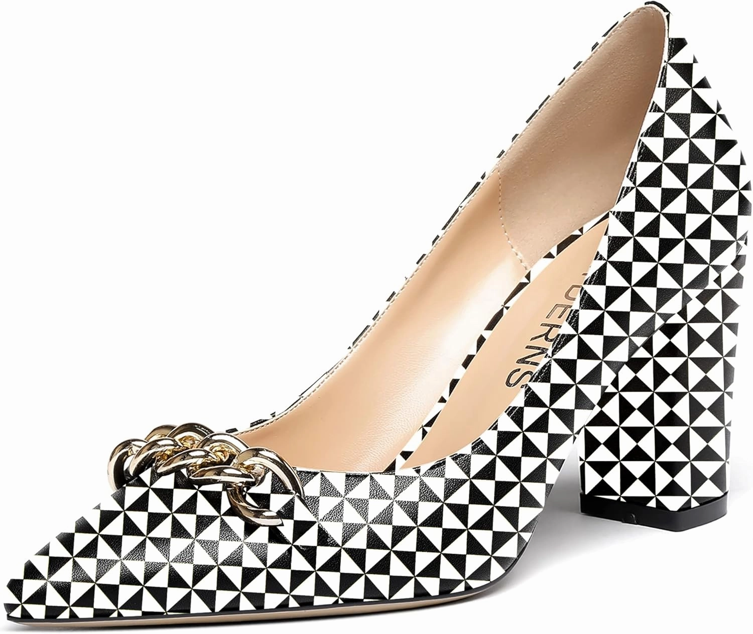 WAYDERNS Women's Gold Metal Chain Matte Slip On Pointed Toe Block High Heel Pumps Shoes 3.5 Inch