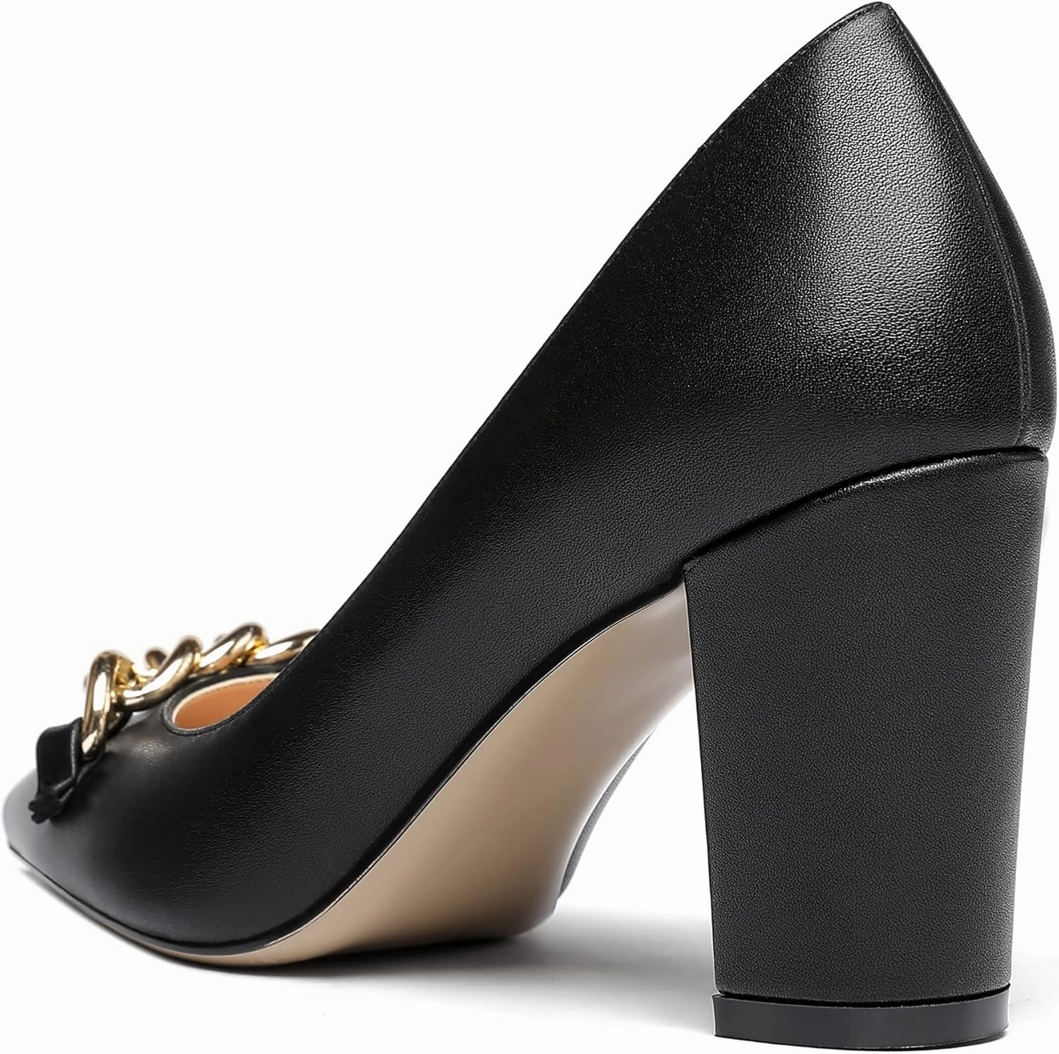 WAYDERNS Women's Gold Metal Chain Matte Slip On Pointed Toe Block High Heel Pumps Shoes 3.5 Inch