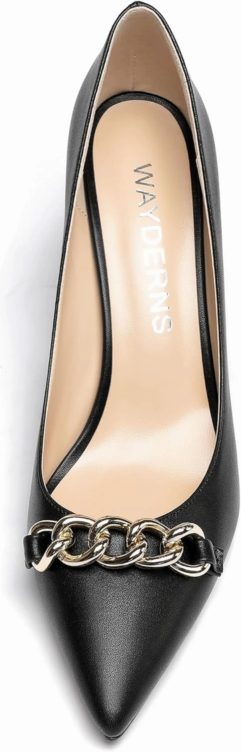 WAYDERNS Women's Gold Metal Chain Matte Slip On Pointed Toe Block High Heel Pumps Shoes 3.5 Inch