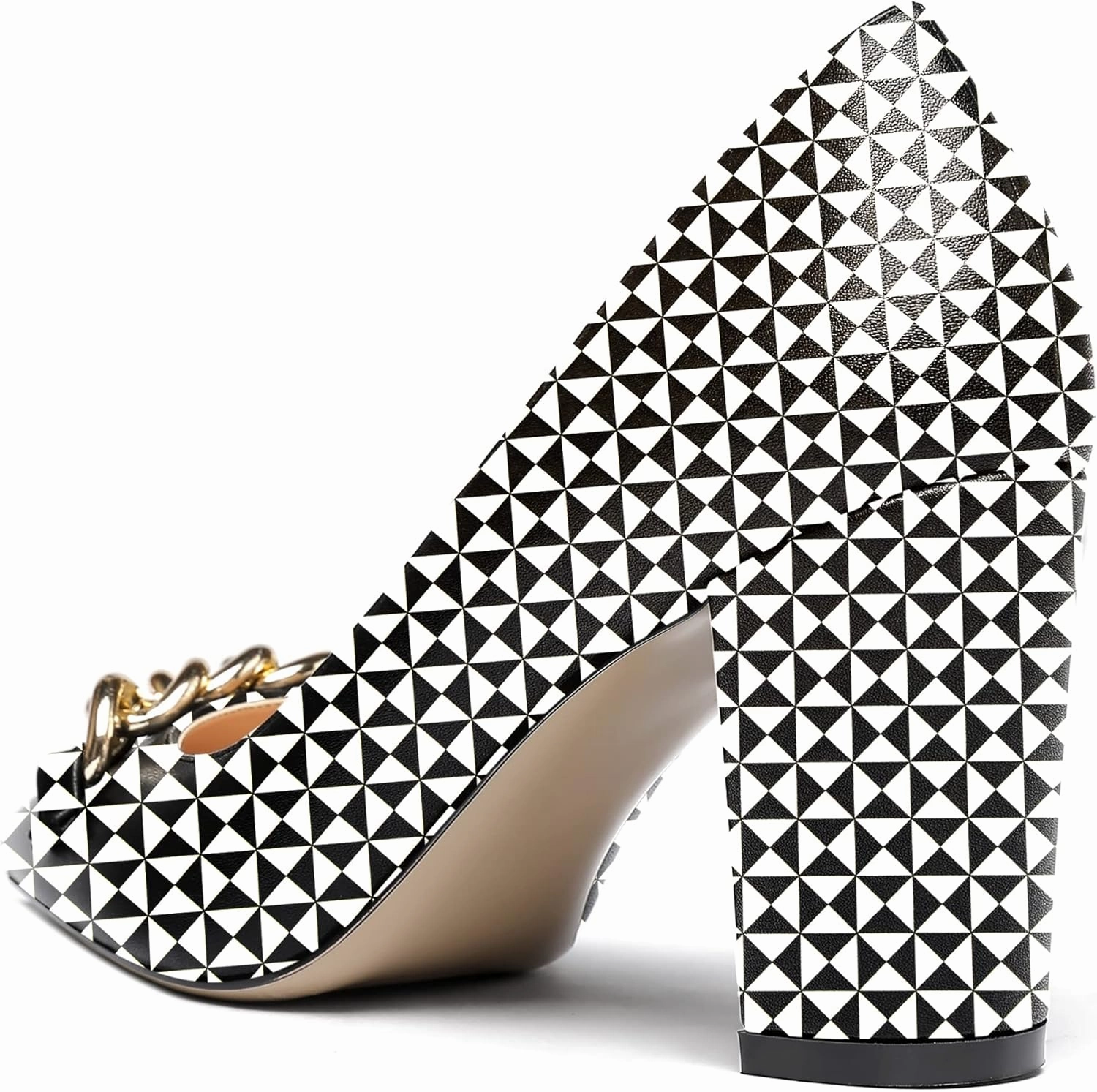 WAYDERNS Women's Gold Metal Chain Matte Slip On Pointed Toe Block High Heel Pumps Shoes 3.5 Inch