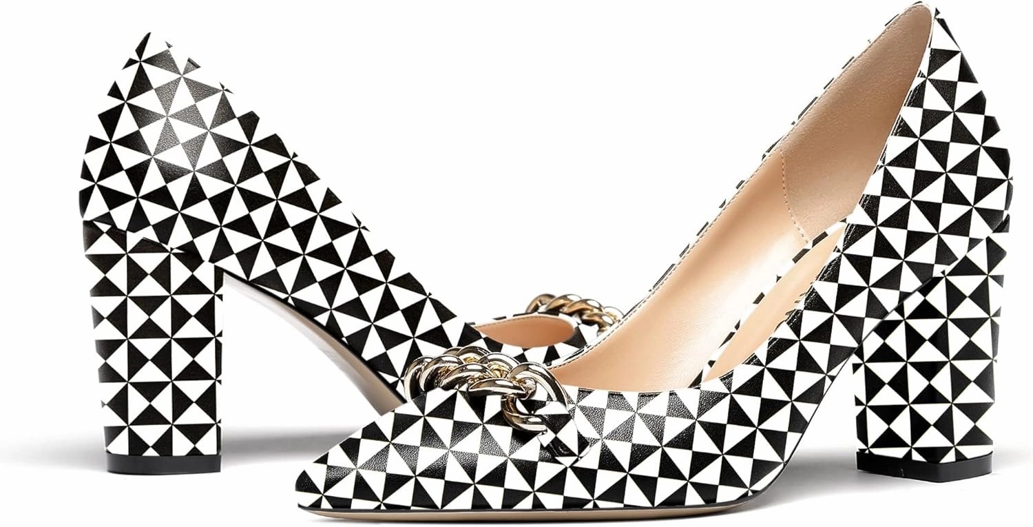 WAYDERNS Women's Gold Metal Chain Matte Slip On Pointed Toe Block High Heel Pumps Shoes 3.5 Inch