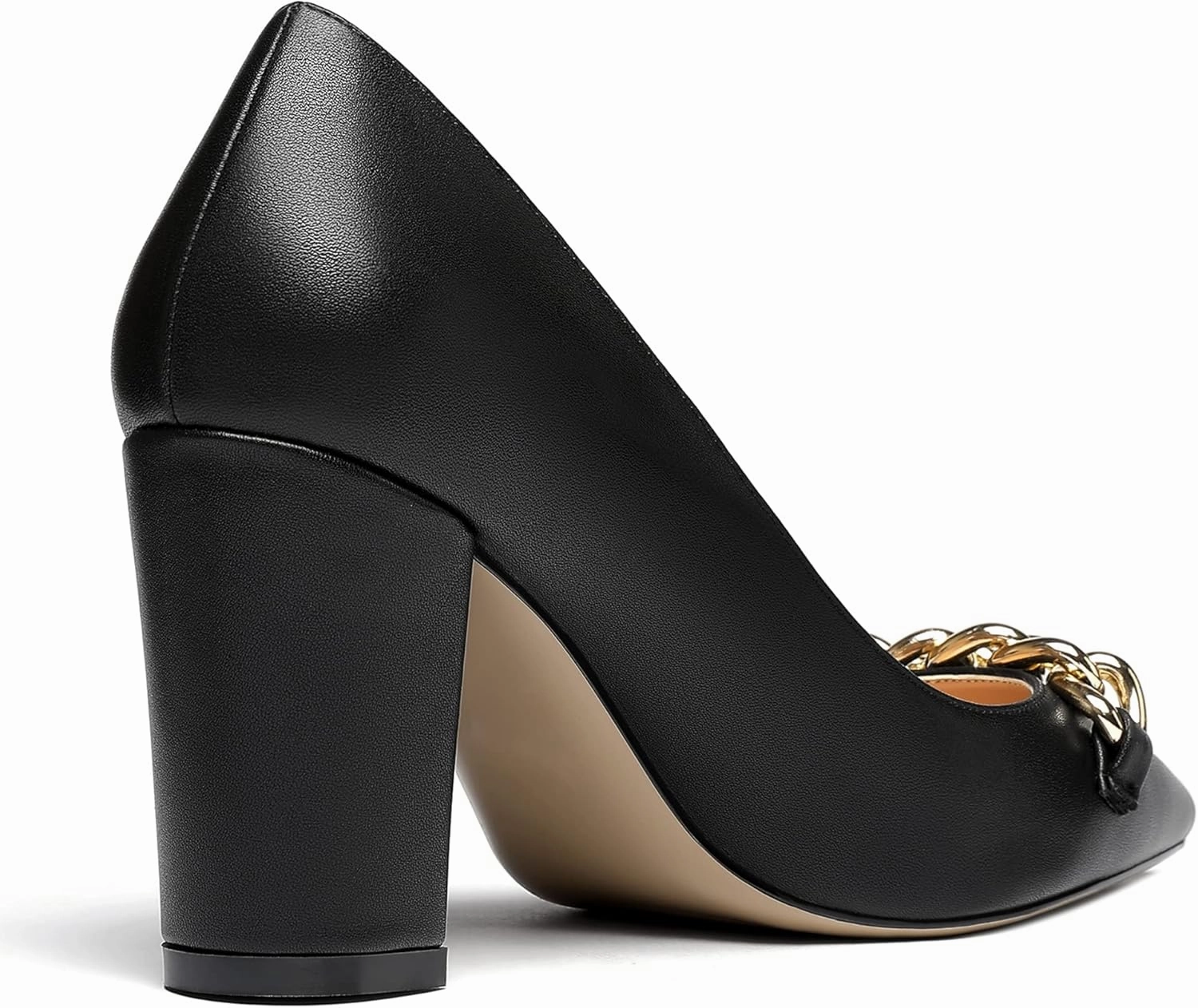 WAYDERNS Women's Gold Metal Chain Matte Slip On Pointed Toe Block High Heel Pumps Shoes 3.5 Inch