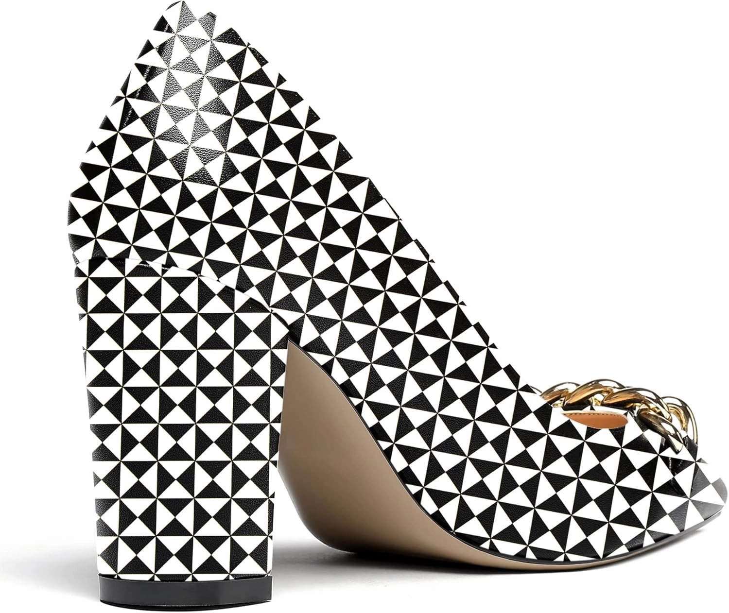 WAYDERNS Women's Gold Metal Chain Matte Slip On Pointed Toe Block High Heel Pumps Shoes 3.5 Inch
