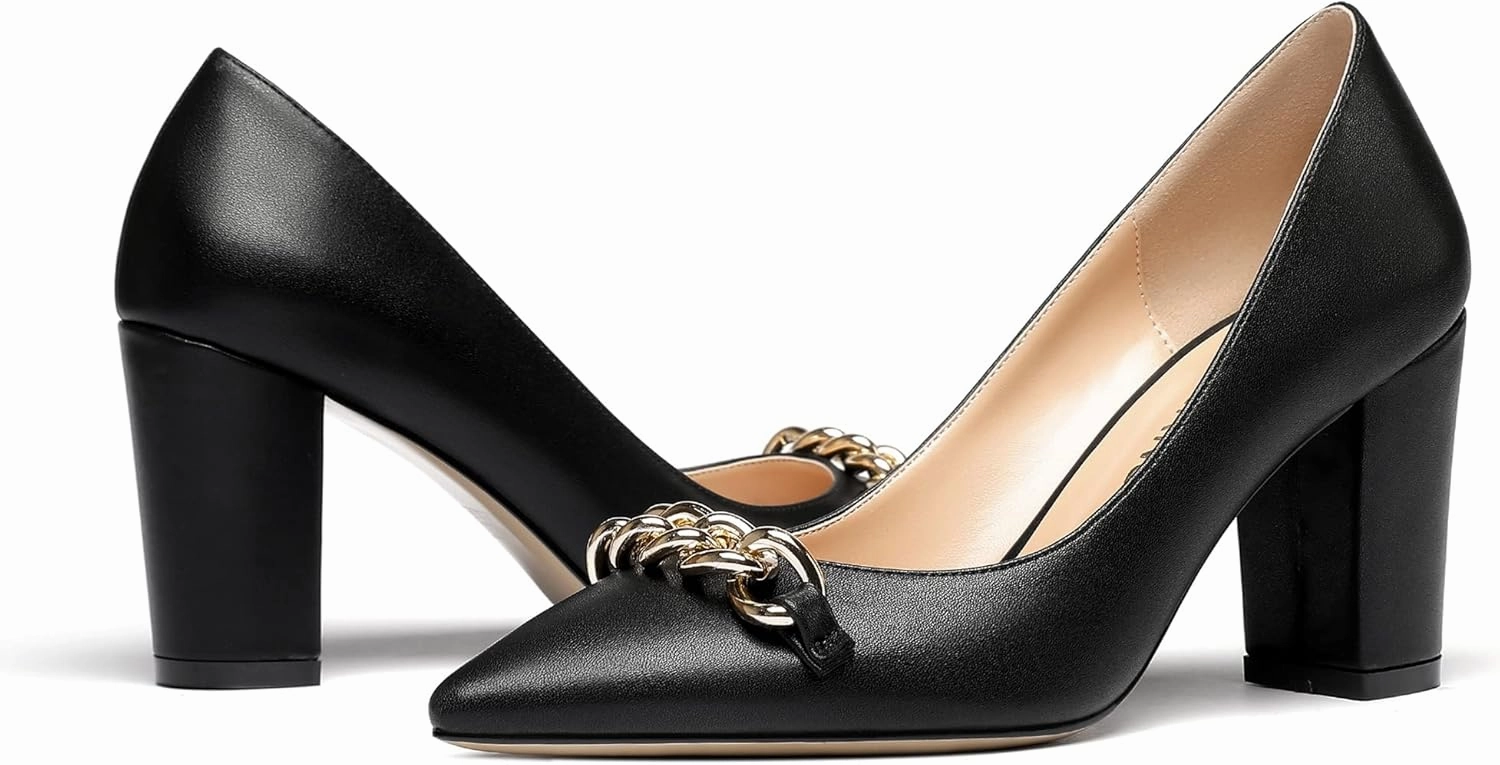WAYDERNS Women's Gold Metal Chain Matte Slip On Pointed Toe Block High Heel Pumps Shoes 3.5 Inch