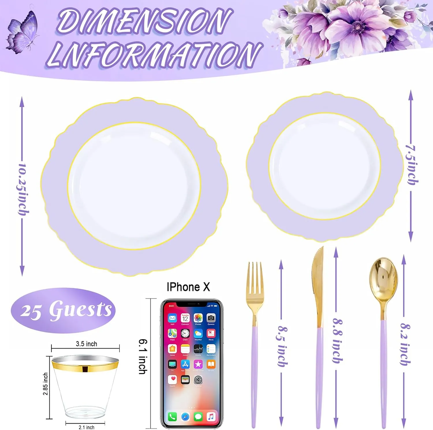 WDF 150Pcs Purple Plates Disposable - Baroque Lavender Purple and Gold Plates - 25Guest Plastic Dinnerware Ideal for Party/Spring/Picnic