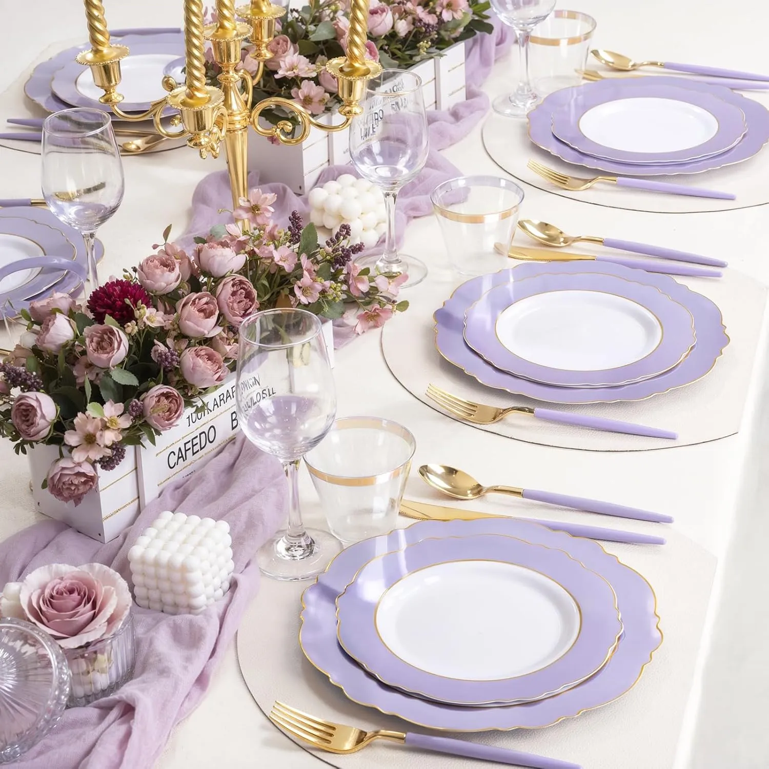 WDF 150Pcs Purple Plates Disposable - Baroque Lavender Purple and Gold Plates - 25Guest Plastic Dinnerware Ideal for Party/Spring/Picnic