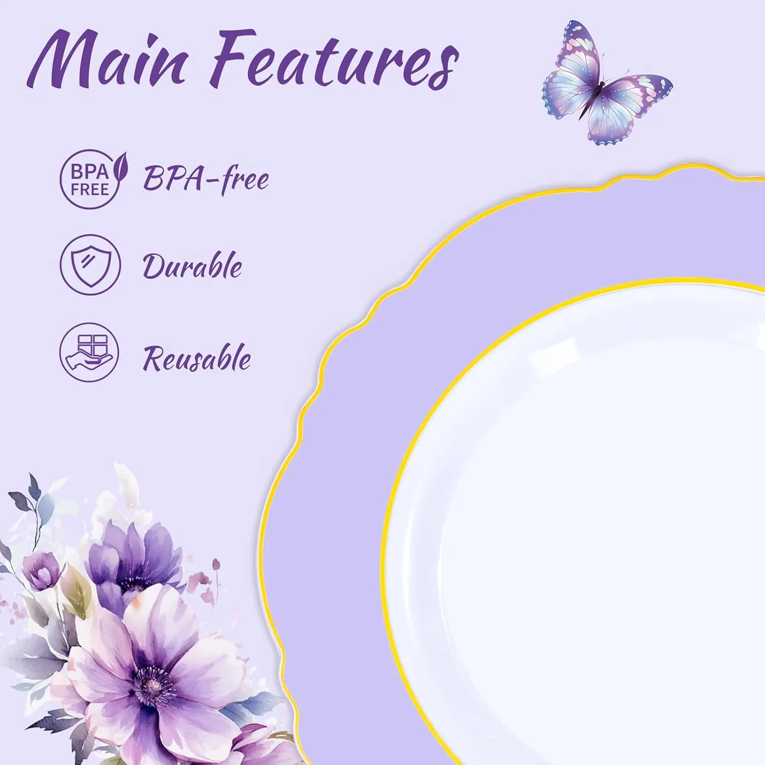 WDF 150Pcs Purple Plates Disposable - Baroque Lavender Purple and Gold Plates - 25Guest Plastic Dinnerware Ideal for Party/Spring/Picnic