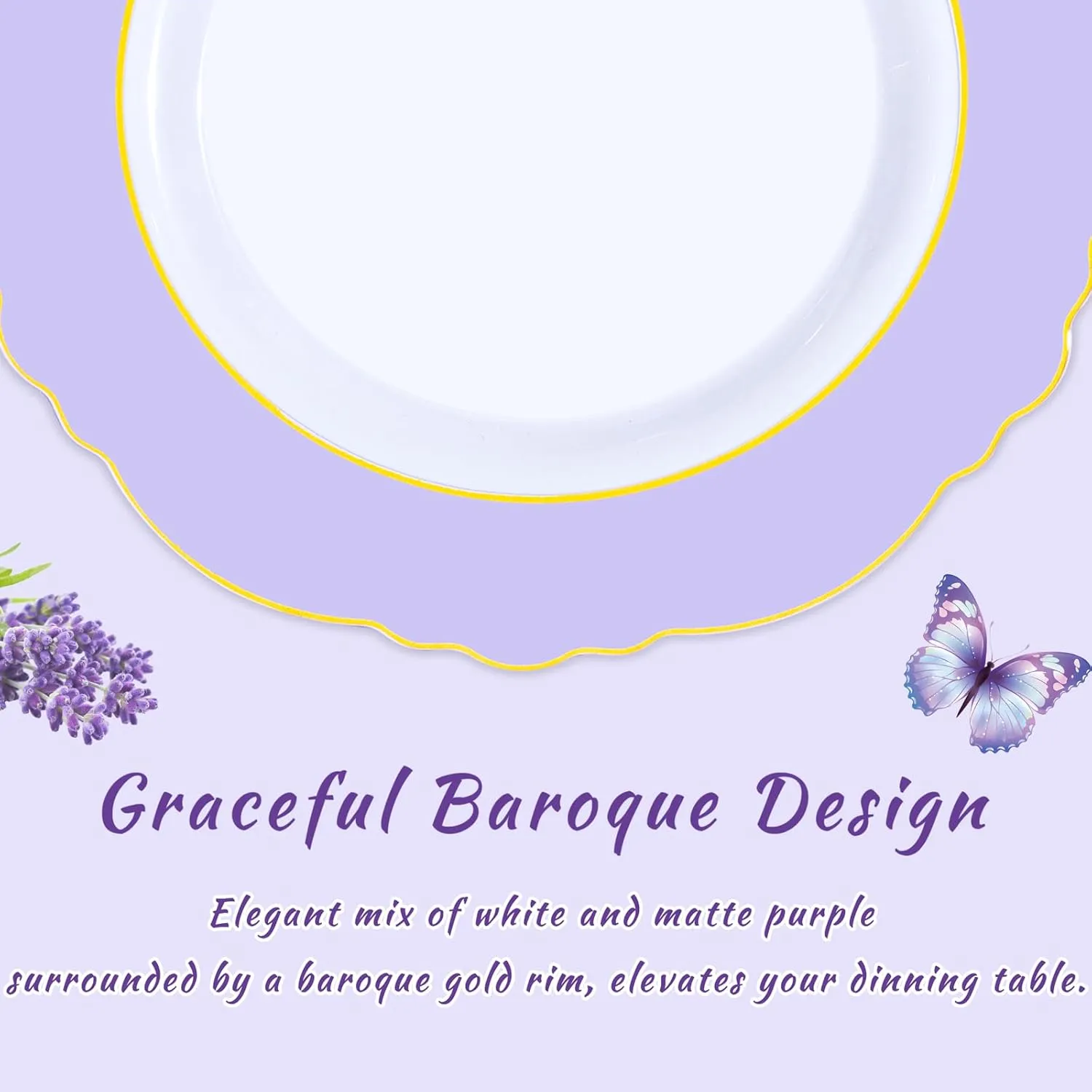 WDF 150Pcs Purple Plates Disposable - Baroque Lavender Purple and Gold Plates - 25Guest Plastic Dinnerware Ideal for Party/Spring/Picnic