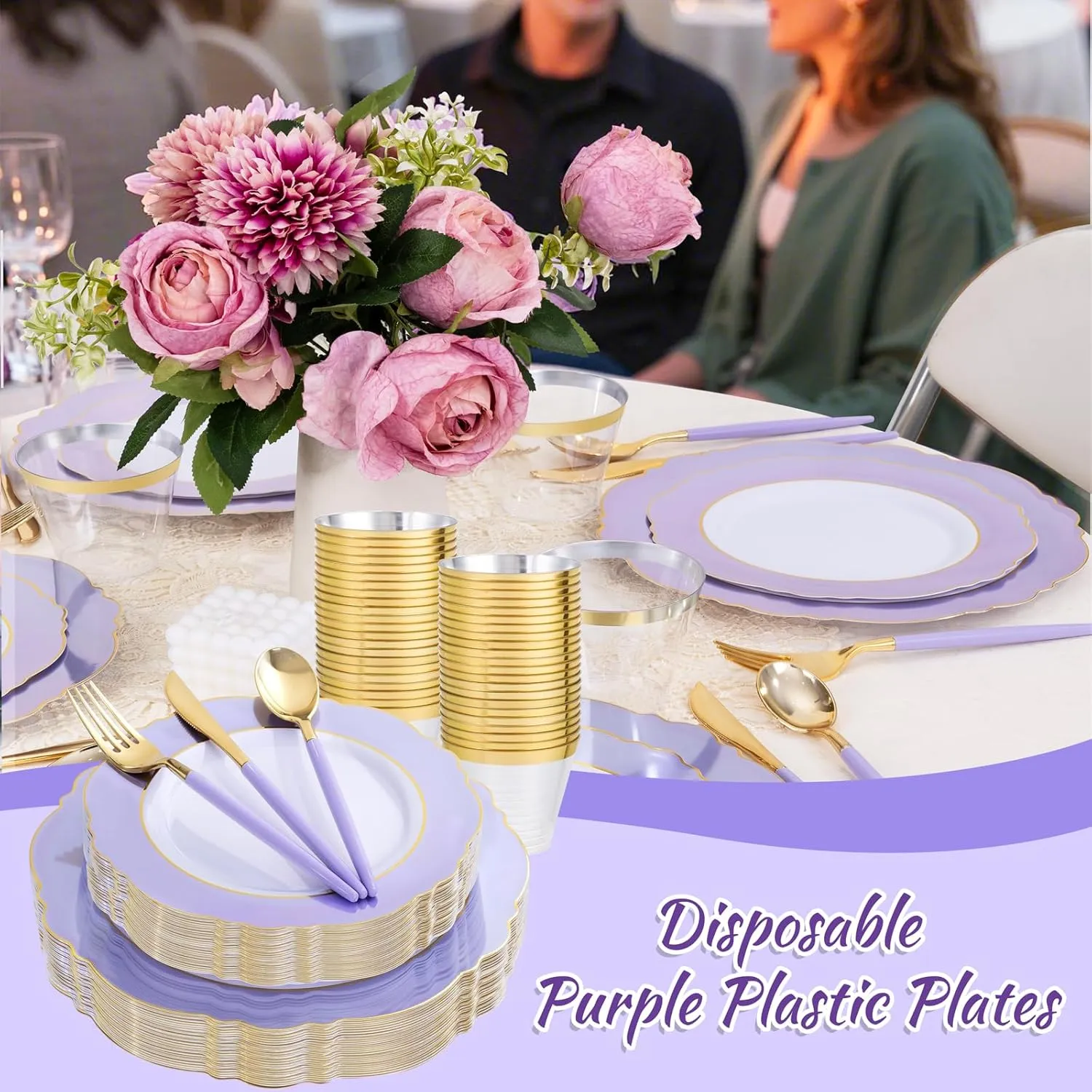 WDF 150Pcs Purple Plates Disposable - Baroque Lavender Purple and Gold Plates - 25Guest Plastic Dinnerware Ideal for Party/Spring/Picnic