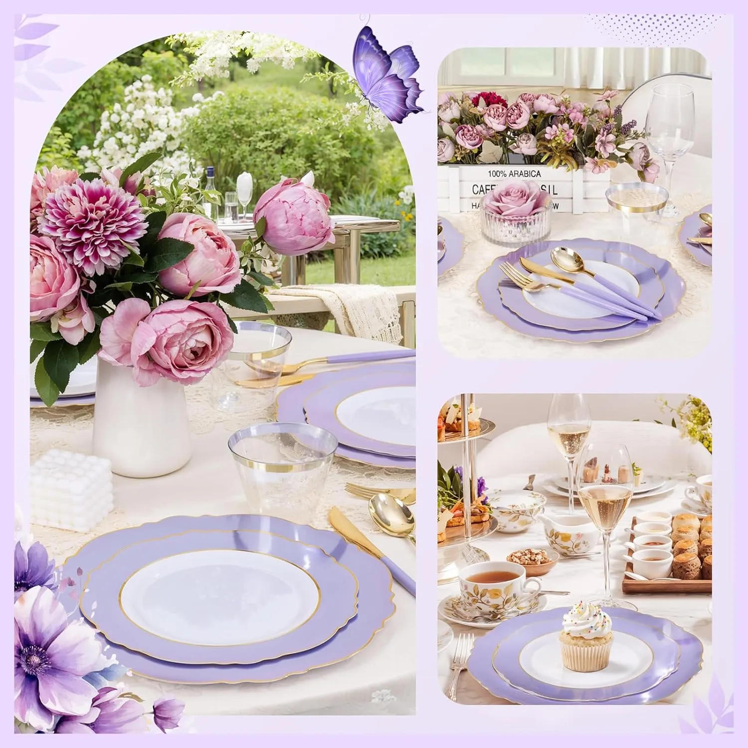 WDF 150Pcs Purple Plates Disposable - Baroque Lavender Purple and Gold Plates - 25Guest Plastic Dinnerware Ideal for Party/Spring/Picnic