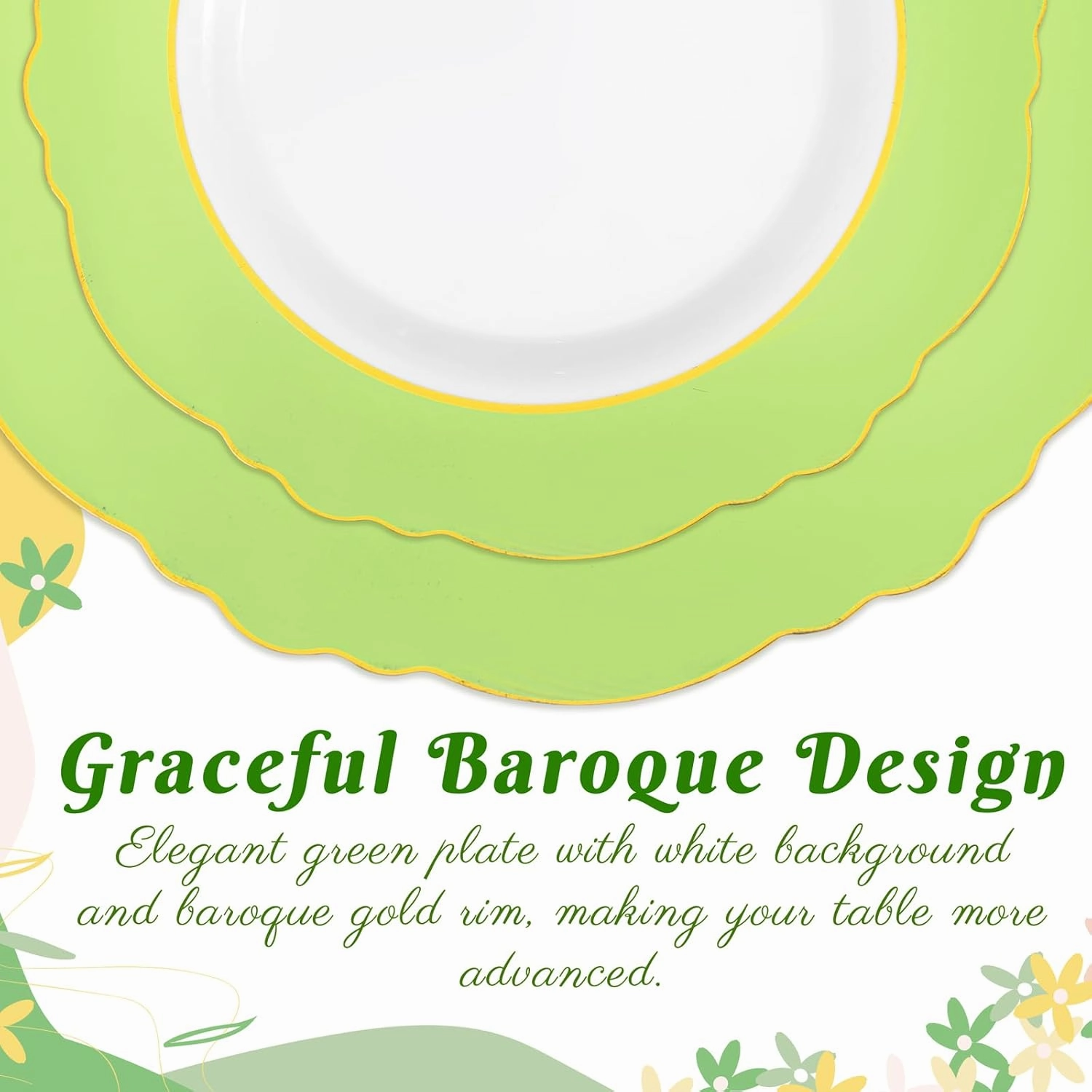 WDF 150Pcs Green Plates Disposable - Baroque Green and Gold Plates - 25Guest Plastic Dinnerware Ideal for Party/Spring/Picnic