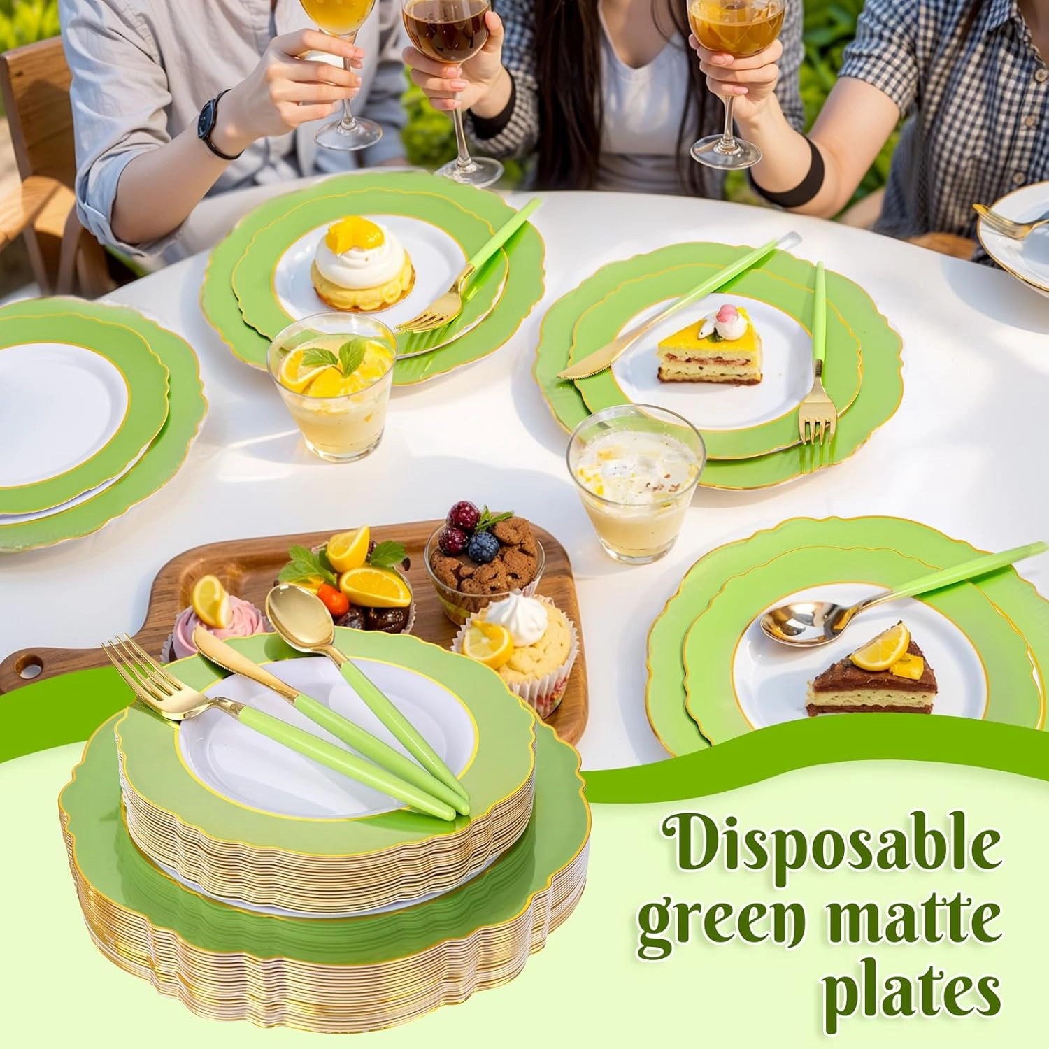 WDF 150Pcs Green Plates Disposable - Baroque Green and Gold Plates - 25Guest Plastic Dinnerware Ideal for Party/Spring/Picnic