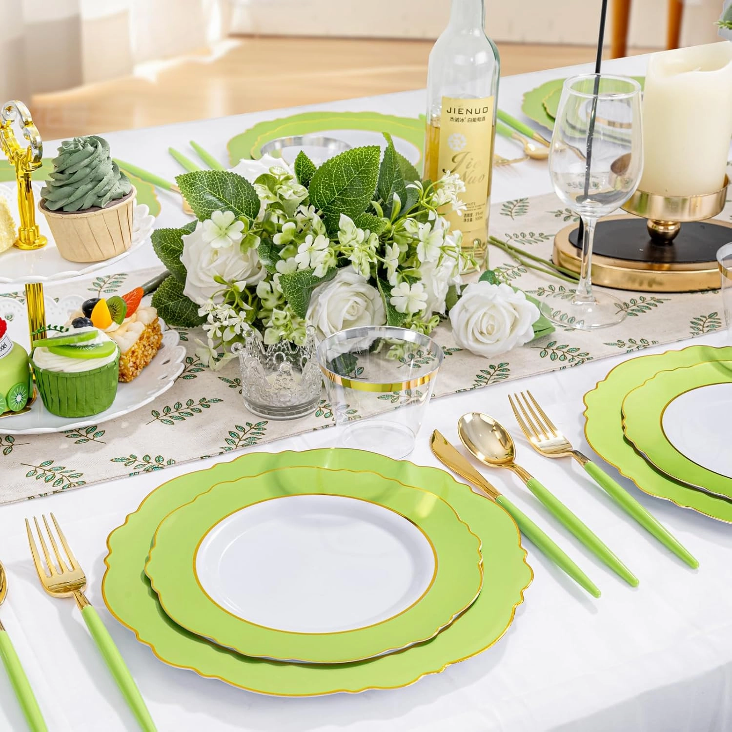 WDF 150Pcs Green Plates Disposable - Baroque Green and Gold Plates - 25Guest Plastic Dinnerware Ideal for Party/Spring/Picnic