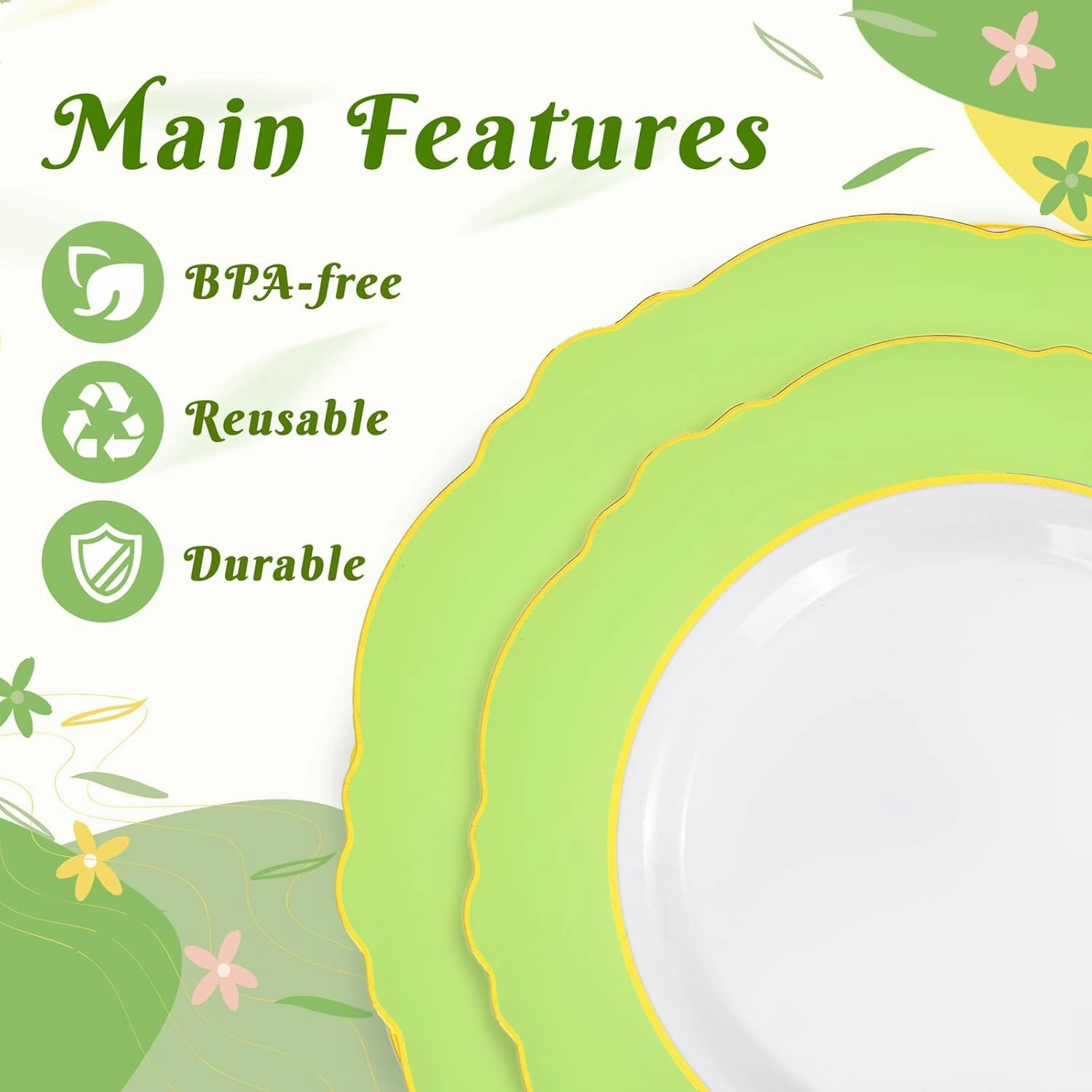 WDF 150Pcs Green Plates Disposable - Baroque Green and Gold Plates - 25Guest Plastic Dinnerware Ideal for Party/Spring/Picnic