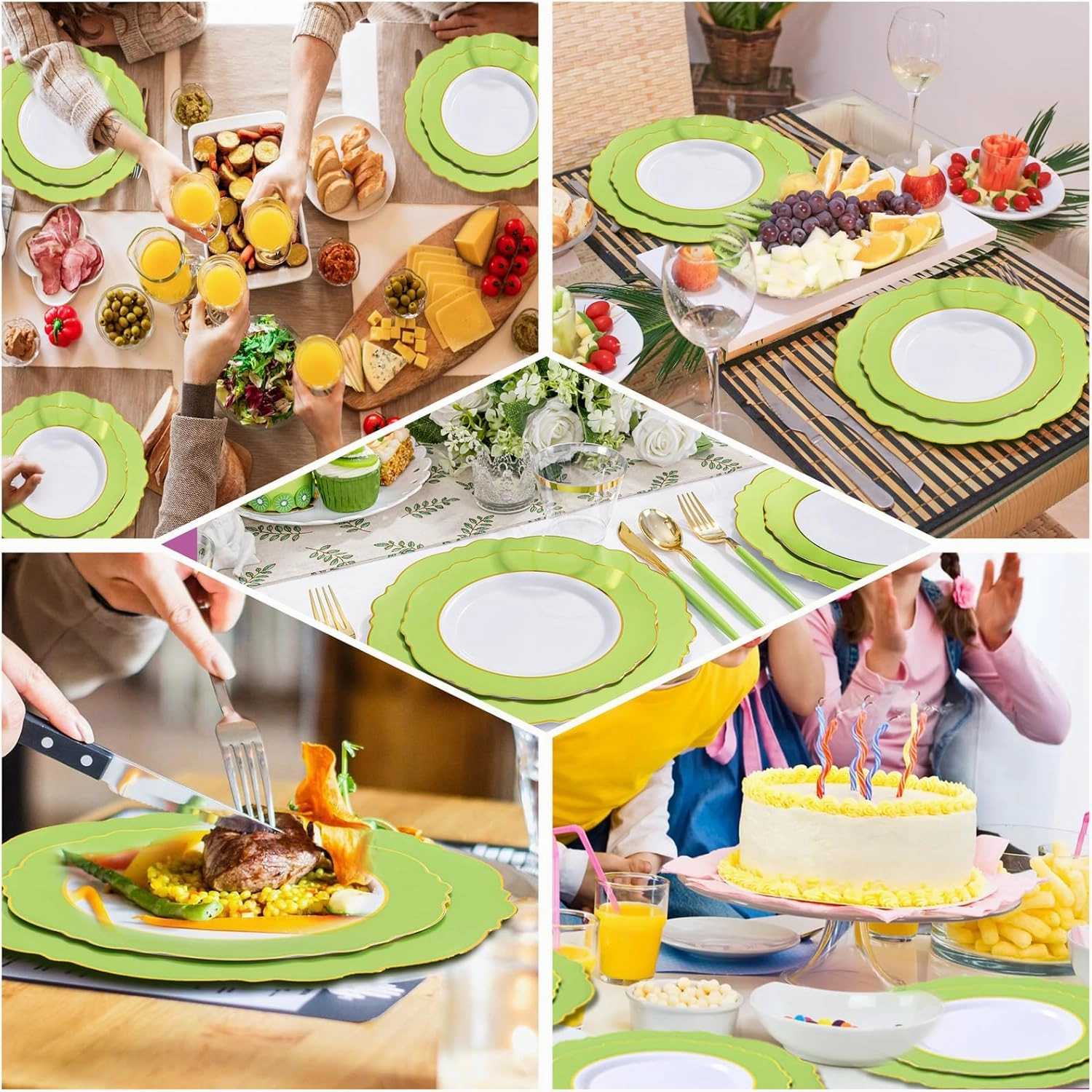 WDF 150Pcs Green Plates Disposable - Baroque Green and Gold Plates - 25Guest Plastic Dinnerware Ideal for Party/Spring/Picnic