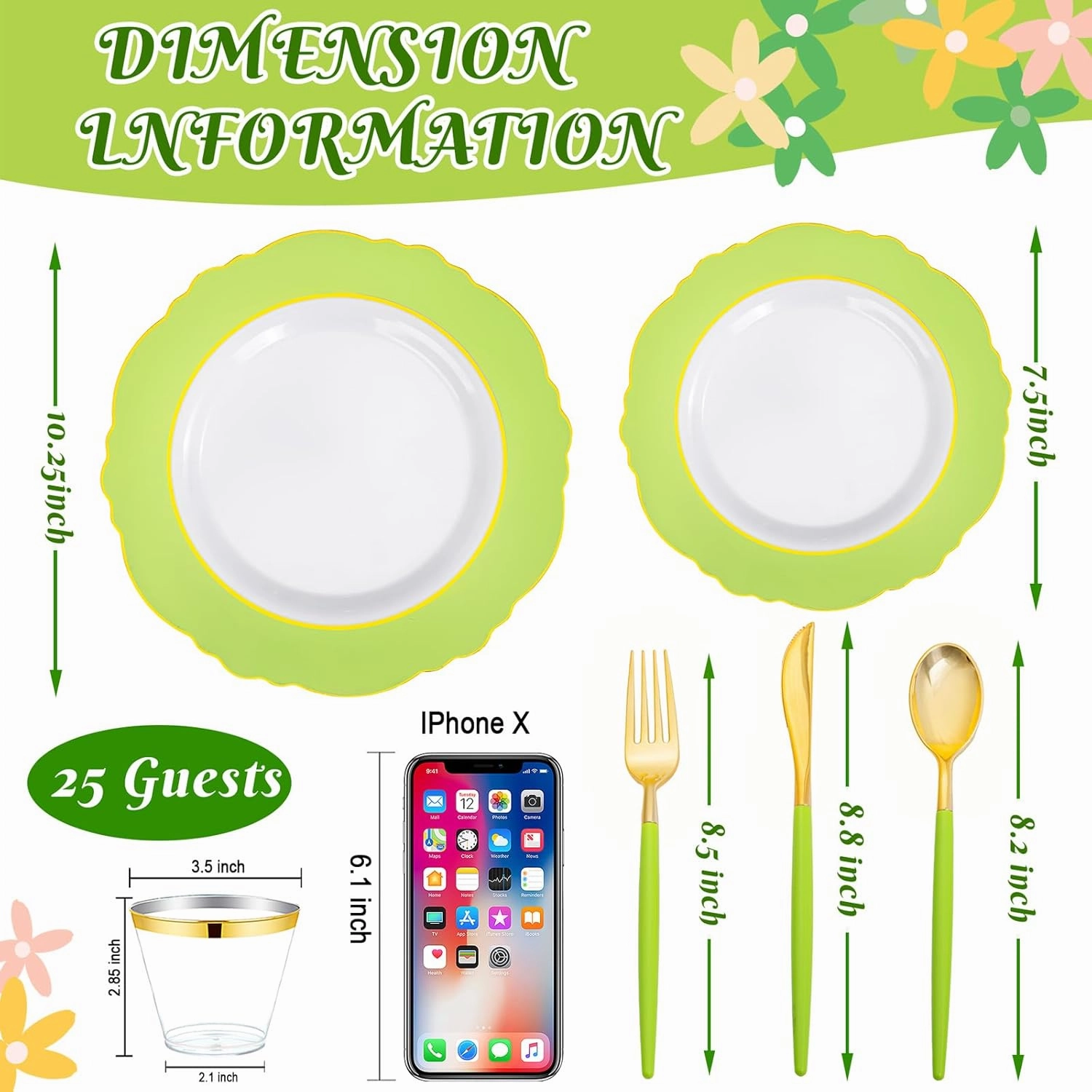 WDF 150Pcs Green Plates Disposable - Baroque Green and Gold Plates - 25Guest Plastic Dinnerware Ideal for Party/Spring/Picnic