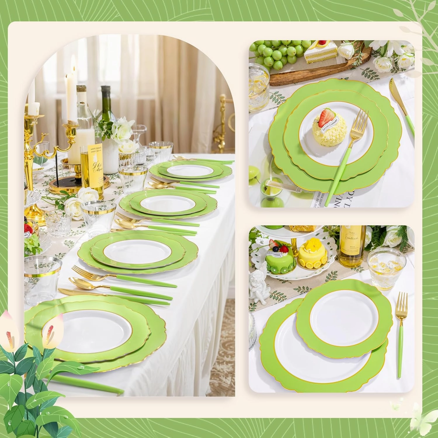 WDF 150Pcs Green Plates Disposable - Baroque Green and Gold Plates - 25Guest Plastic Dinnerware Ideal for Party/Spring/Picnic