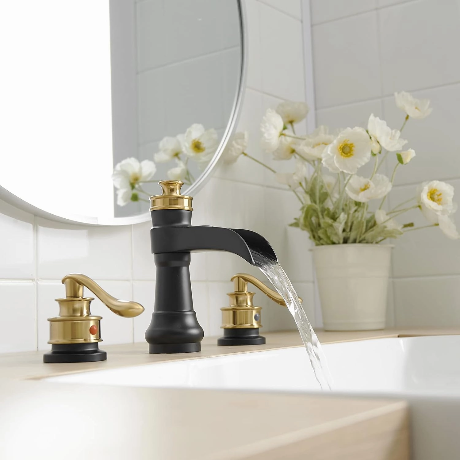 Widespread Bathroom Faucet Black and Gold, Bathroom Waterfall Sink Faucet 3 Hole, Farmhouse 2-Handle Vanity Lavatory with Pop Up Drain with Overflow