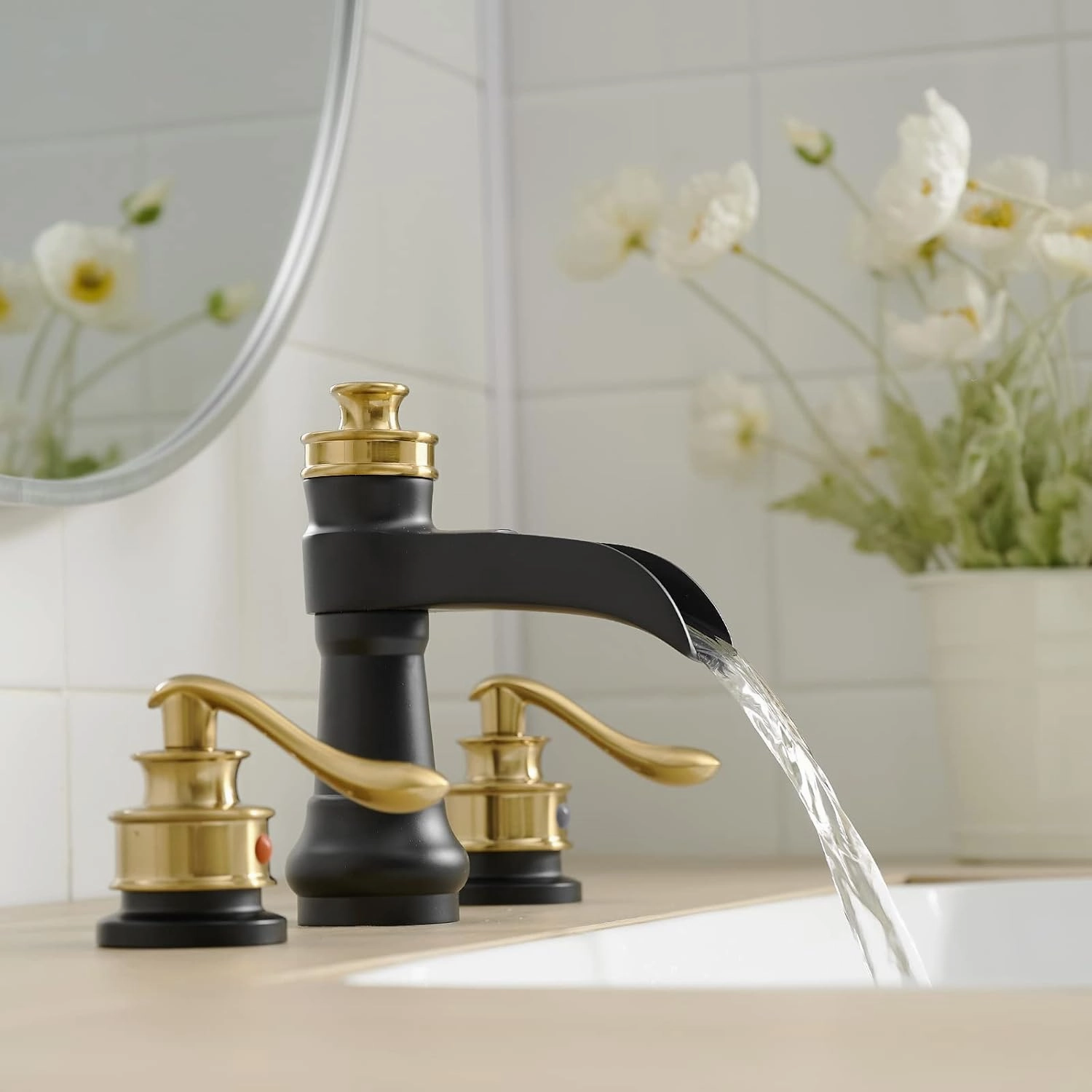 Widespread Bathroom Faucet Black and Gold, Bathroom Waterfall Sink Faucet 3 Hole, Farmhouse 2-Handle Vanity Lavatory with Pop Up Drain with Overflow