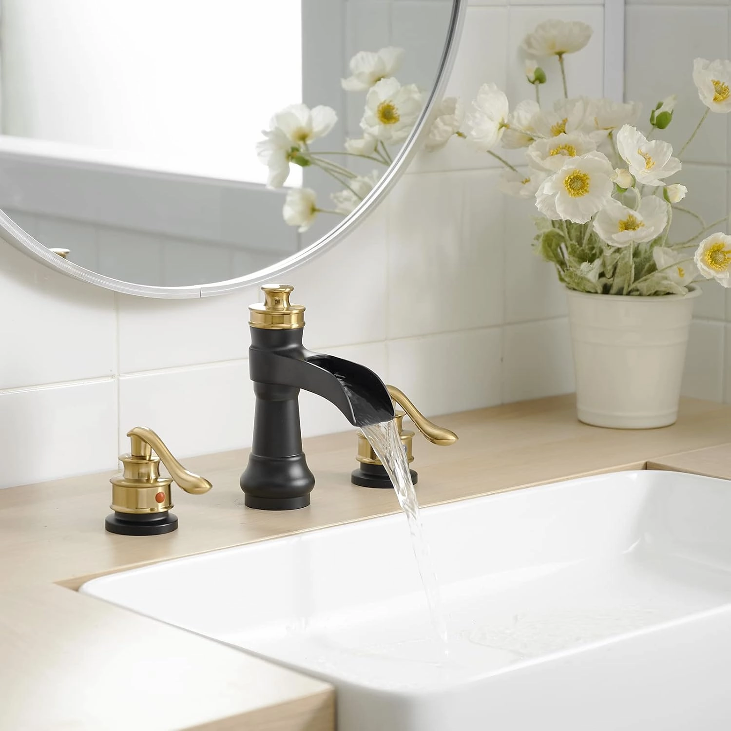 Widespread Bathroom Faucet Black and Gold, Bathroom Waterfall Sink Faucet 3 Hole, Farmhouse 2-Handle Vanity Lavatory with Pop Up Drain with Overflow