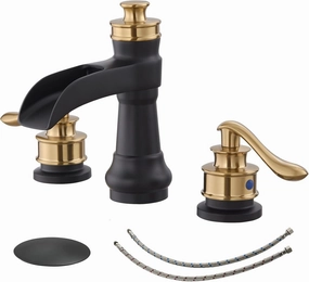 Widespread Bathroom Faucet Black and Gold, Bathroom Waterfall Sink Faucet 3 Hole, Farmhouse 2-Handle Vanity Lavatory with Pop Up Drain with Overflow
