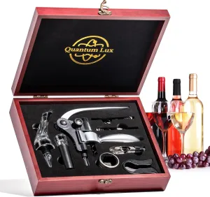Wine Bottle Opener Set with Accessories Matte Silver in Wood Box, Aerator, Extra Screws, Foil Cutter, Pourer, Vaccu Stopper, Winged Wine Opener, Rabbit Red Wine Corkscrew Set (Matte Silver)