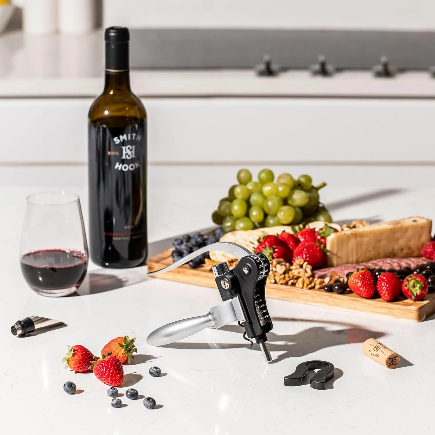 Wine Bottle Opener Set with Accessories Matte Silver in Wood Box, Aerator, Extra Screws, Foil Cutter, Pourer, Vaccu Stopper, Winged Wine Opener, Rabbit Red Wine Corkscrew Set (Matte Silver)