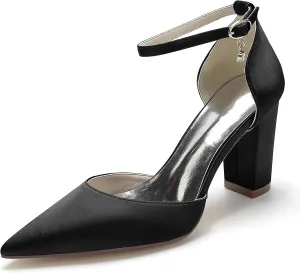 Women Pointed Block Chunky Heel Bride Bridesmaid Pumps for Ankle Strap Heeled Sandals Wedding Dress Shoes